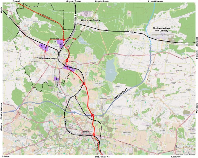 Na mapce zaznaczono proponowane przez miasto lokalizacje terenów inwestycyjnych wraz z prawdopodobnym i proponowanym przez władze Tarnowskich Gór przebiegiem nowej obwodnicy miasta.