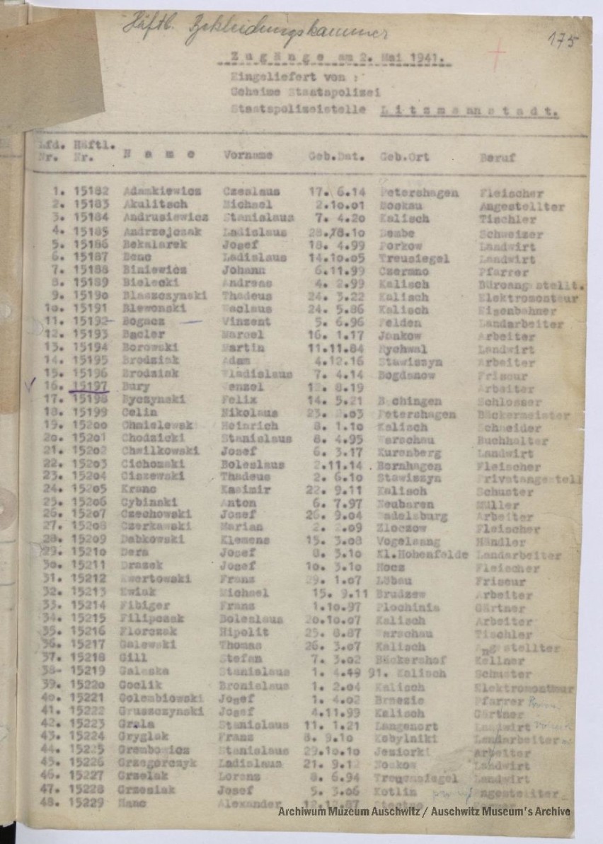Lista transportu do obozu, na której jest Tadeusz Ciszewski