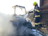 Strażacy z Tarnowa, Brzeska i OSP gasili pożar. W lesie na granicy powiatów zapalił się ciągnik z przyczepą [ZDJĘCIA]