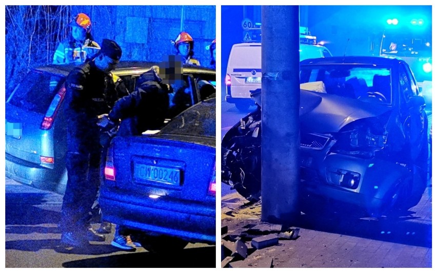 Pościg ulicami Włocławka. Kierowca forda, uciekając przed policją, uderzył w słup na ulicy Płockiej [zdjęcia]
