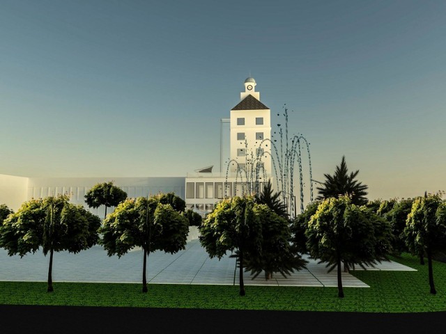 Wizualizacja wieży z zegarem - charakterystycznego miejsca na terenie dawnej fabryki nici "Odra"