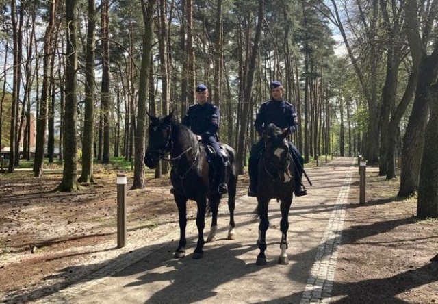 Konny patrol policji w parku przy ul. Szczecińskiej w Goleniowie