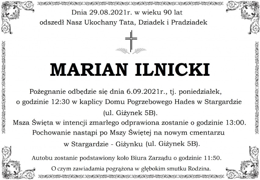 W wieku 90 lat zmarł Marian Ilnicki, były wieloletni prezes Spółdzielczej Agrofirmy Witkowo. Pogrzeb w poniedziałek, 6 września 