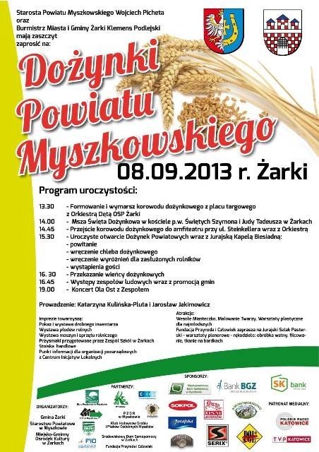 Dożynki Powiatu Myszkowskiego w Żarkach 2013 plakat