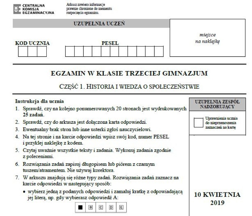 Egzamin gimnazjalny 2019 z CKE. Historia i WOS (cz. humanistyczna) ARKUSZ I ODPOWIEDZI. Testy gimnazjalne z historii i WOS 10.04.2019 