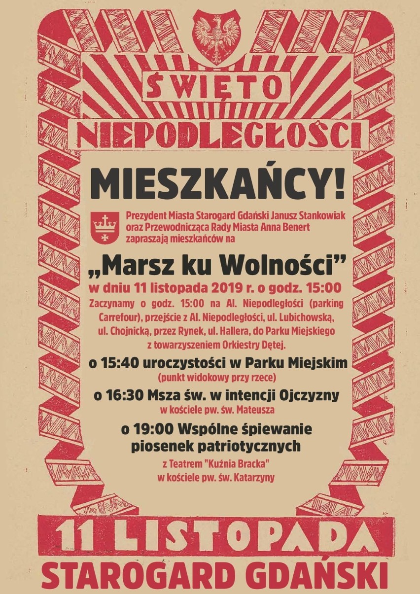 Starogard Gdański. 11 listopada będziemy obchodzić 101. rocznicę odzyskania przez Polskę Niepodległości. Zapowiedź uroczystości