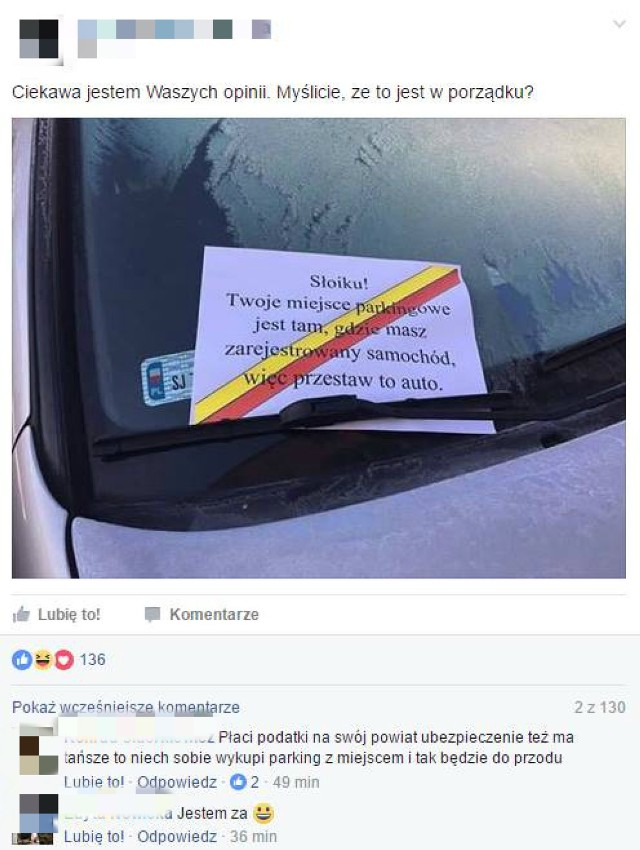 Bulwersujące ostrzeżenie na jednym z samochodów. "Słoiku przestaw to auto"