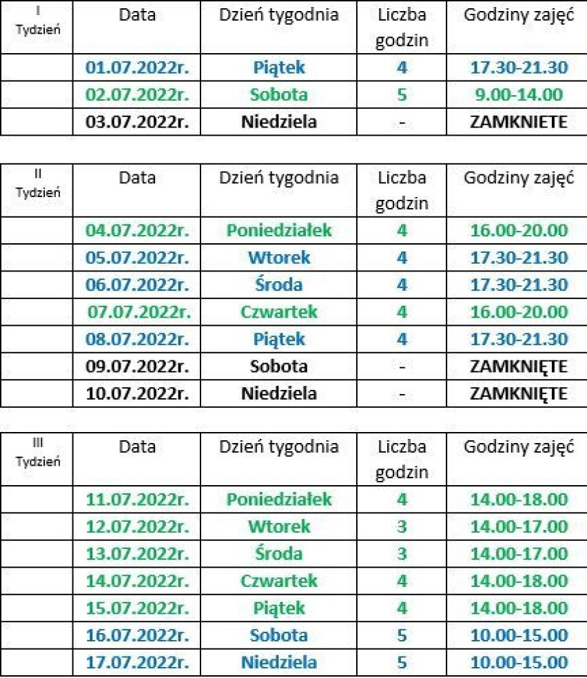 Stadion Miejski czynny jest w dni robocze w godzinach  od 7. do 20., a w weekendy po wcześniejszym ustaleniu