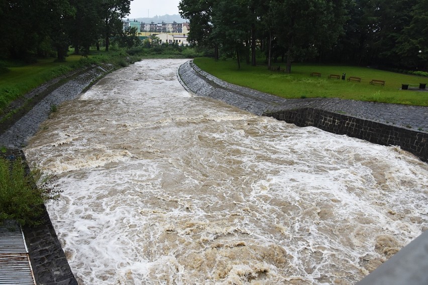 Deszcz ciągle pada, podniósł się poziom wody w rzekach i potokach. Sękówka przelała się przez próg wodny w parku [ ZDJĘCIA]