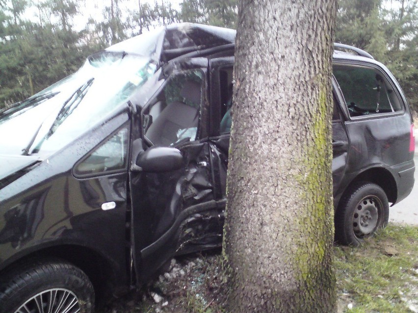 Wypadek w Polanowie. Ford uderzył w drzewo tuż przy domu [ZDJĘCIA]