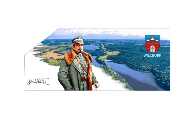 Tak ma wyglądać więcborski mural - gen. Józef Haller na tle panoramy Więcborka