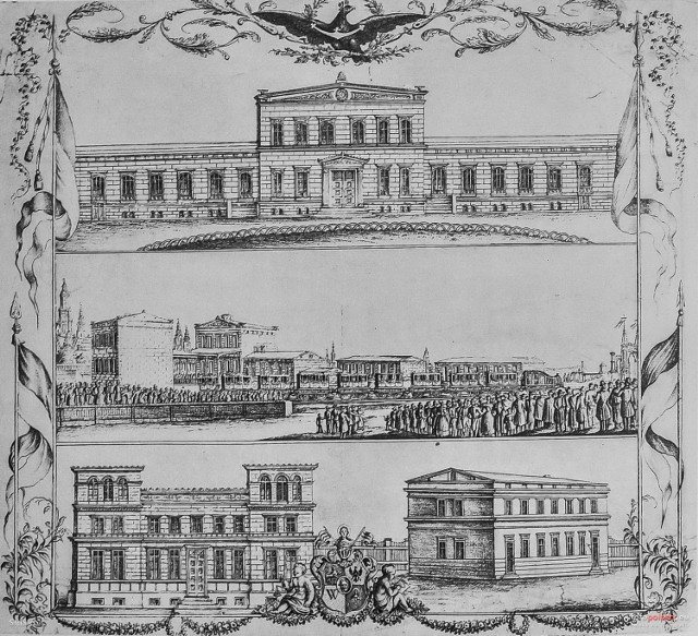 Szkice prezentujące wrocławski dworzec i pierwsze rozkładowe połączenie z Oława w połowie XIX wieku.