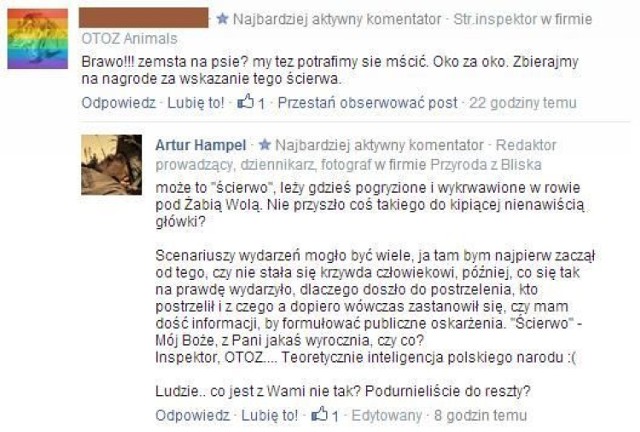 Zrzut ekranowy prezentujący część wypowiedzi pod ogłoszonym zdarzeniem i wypowiedź na nim st. inspektora OTOZ Animals.
 Źródło: http://www.mikropsy.org/jakies-cos-postrzelilo-niewinnego-psa-pomoz-odnalezc-sprawce/