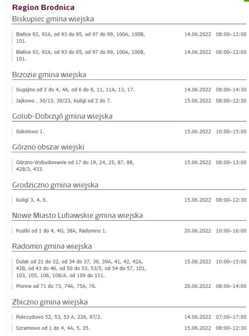 Tu nie będzie prądu w Kujawsko-Pomorskiem [miasta, gminy - 16.06.2022]