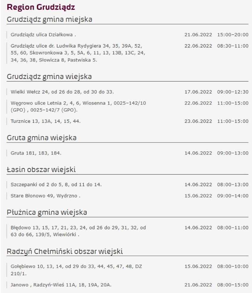 Tu nie będzie prądu w Kujawsko-Pomorskiem [miasta, gminy - 16.06.2022]