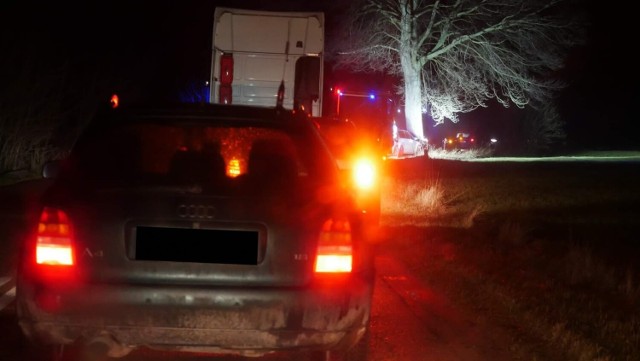 Niebezpieczny wypadek w Żelistrzewie (pow. pucki). Samochód rozbił się na drzewie. Jedna osoba jest ranna