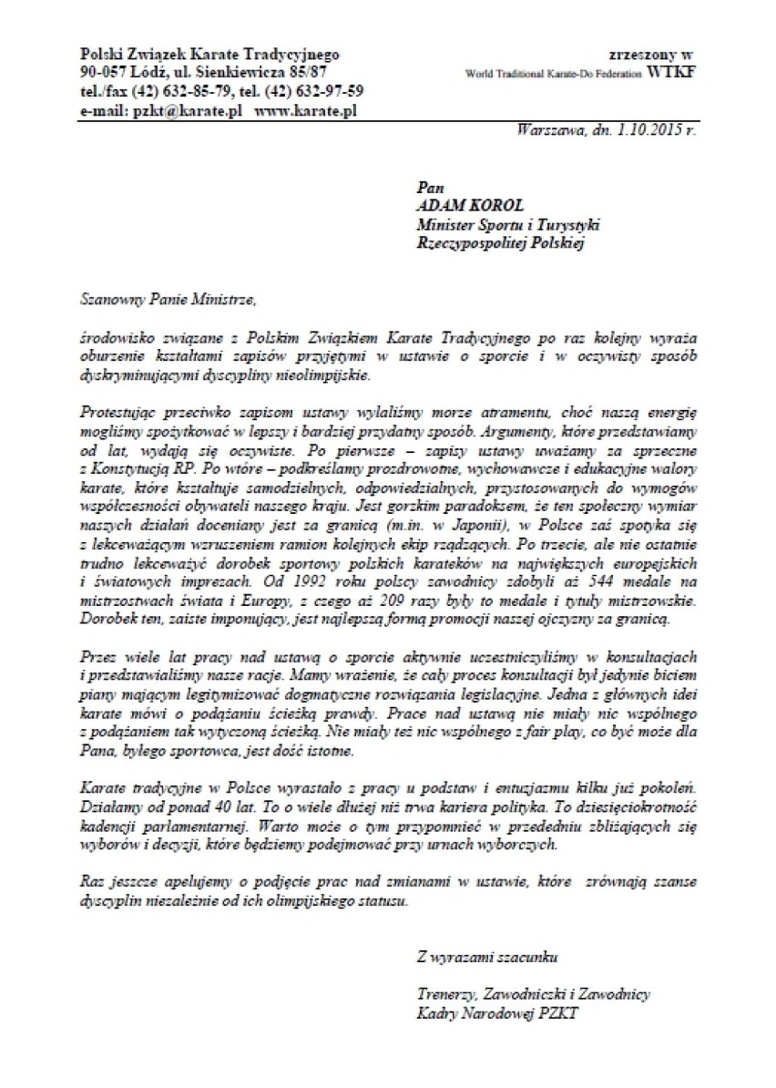 List protestacyjny do ministra Adama Korola