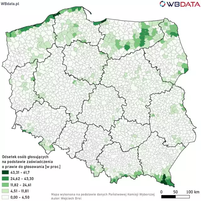 Mapa Polski z odsetkiem głosujących na podstawie zaświadczenia o prawie do głosowania