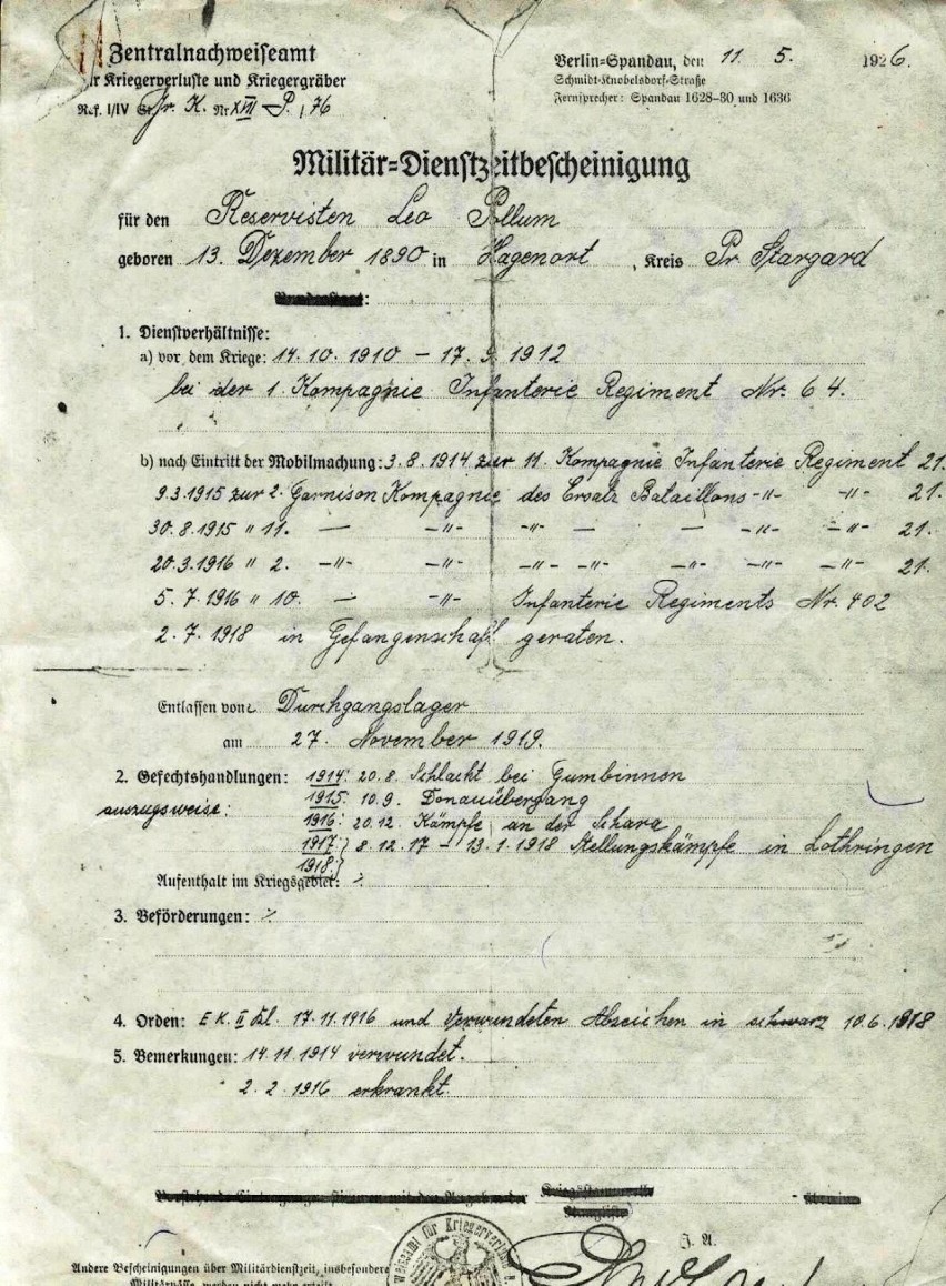 2.      Niemieckie zaświadczenie L. Połoma o przebiegu służby wojskowej, z informacją, że służył w 402 pułku piechoty.