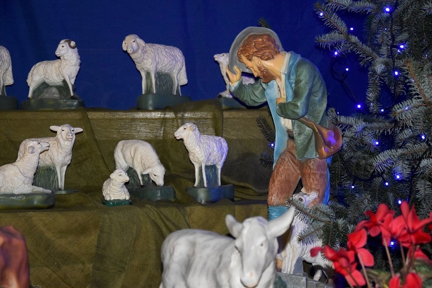 Chodzież: Żłóbek 2019 w kościele św. Floriana. Święta Rodzina w stajence, a w tle pasterze i Gwiazda Betlejemska