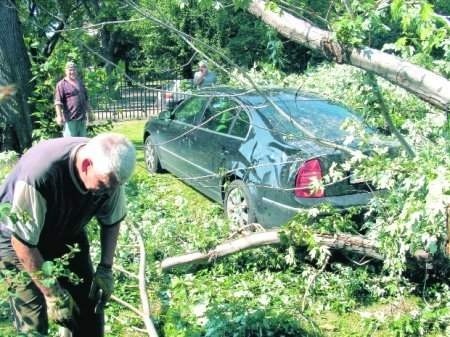 Trąba powietrzna w Żarowie powaliła wiele drzew. Wczoraj mieszkańcy usuwali szkody.
 FOT. Małgorzata Moczulska