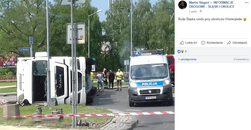 Ruda Śląska: Przewrócona ciężarówka na rondzie w Wirku [ZDJĘCIA]. Akcja przeładunku mięsa trwała do nocy
