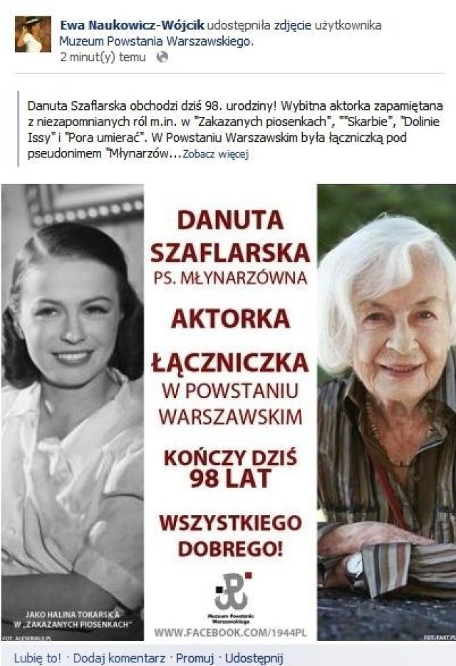 Danuta Szaflarska obchodzi dziś 98 urodziny - zdjęcie Muzeum Powstania Warszawskiego (Facebook)