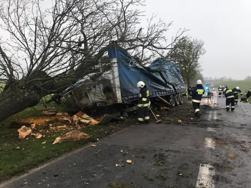 Wypadek na drodze nr 242 pod Szczerbinem. Ciężarówka wjechała w drzewo