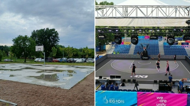 Boisko do koszykówki 3x3 przy Błoniach obecnie (po lewej) i podczas igrzysk europejskich (po prawej)
