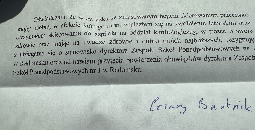 Cezary Bartnik zrezygnował ze stanowiska dyrektora Zespołu Szkół Ponadpodstawowych nr 1 w Radomsku. OŚWIADCZENIE