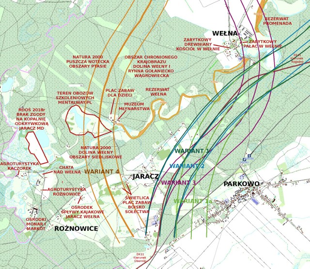 Warianty 1 i 1A są najbliższe obecnego śladu DK11. Pozostałe przesuwają drogę ekspresową zdecydowanie bardziej na zachód