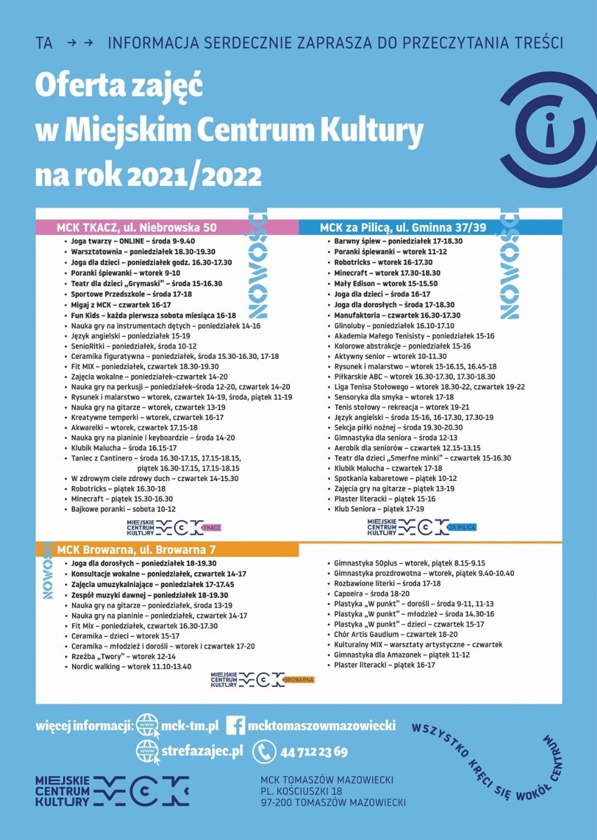 Oferta zajęć artystycznych, kulturalnych w ośrodkach kultury w Tomaszowie i regionie na rok 2021/2022