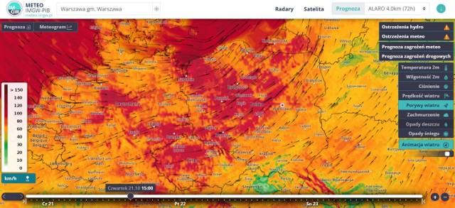 Prędkość porywów wiatru oraz animacja wiatru dziś 21.10.2021 r. o godz. 15:00 wg modelu Alaro 4k.