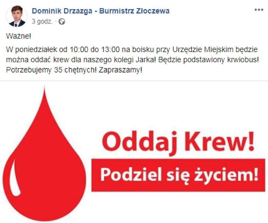 Strażacy, KS Złoczewia Złoczew i burmistrz Złoczewa apelują o oddawanie krwi dla Jarka