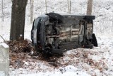 Auto wypadło z drogi obok Głogowa. Spadł śnieg, a na drogach jest ślisko. Uważajcie!