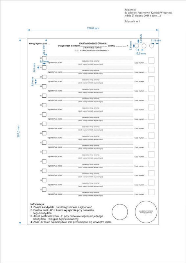 WYBORY SAMORZĄDOWE 2018 - KARTY DO GŁOSOWANIA WZÓR