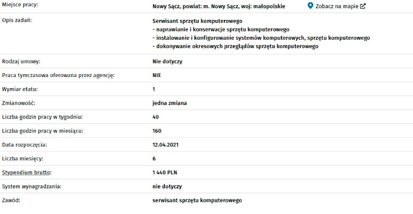 Staż z urzędu pracy: SERWISANT SPRZĘTU KOMPUTEROWEGO 
Numer:...