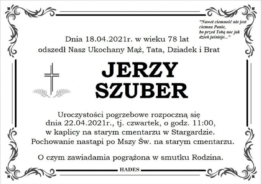 Nie żyje znany stargardzki samorządowiec Jerzy Szuber. Miał 78 lat. Pogrzeb w czwartek 22 kwietnia