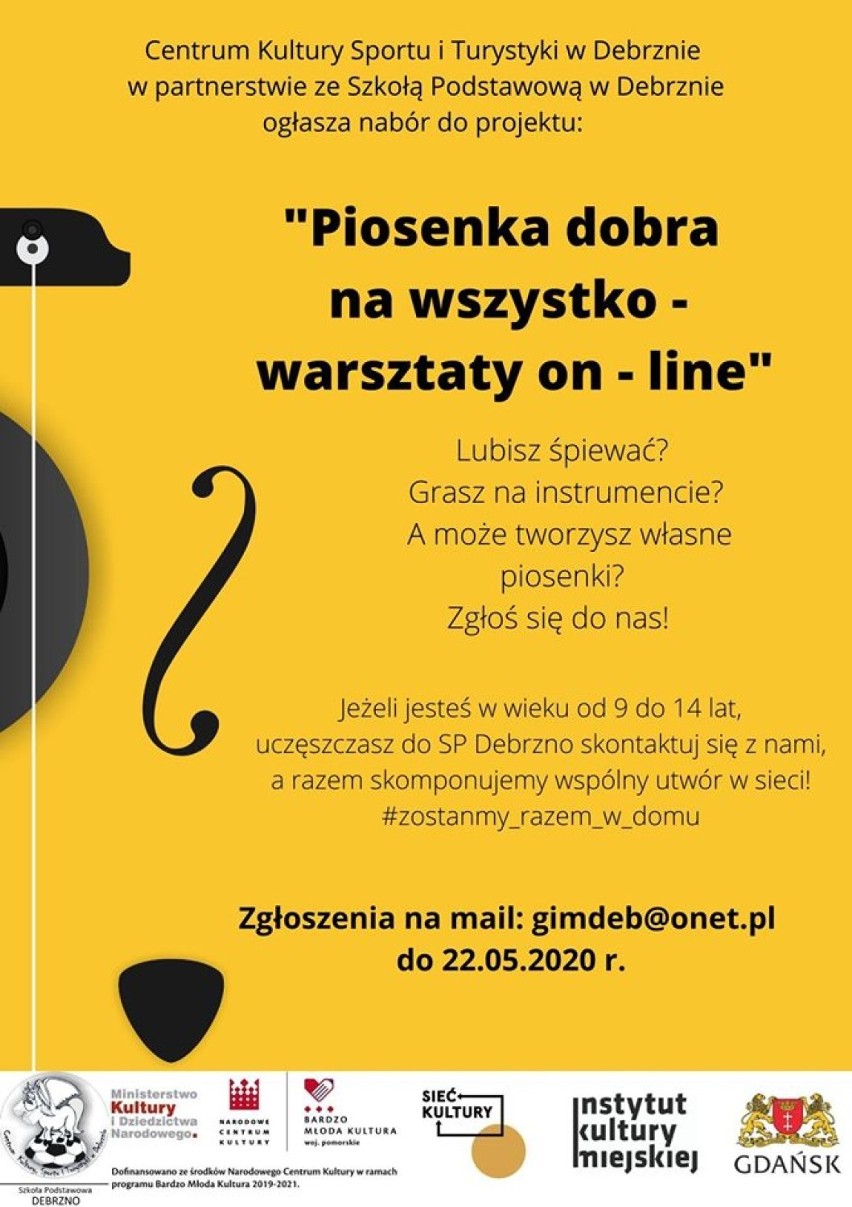 Centrum Kultury Sportu i Turystyki w Debrznie oraz Szkoła Podstawowa w Debrznie zapraszają do wzięcia udziału w muzycznym projekcie on-line