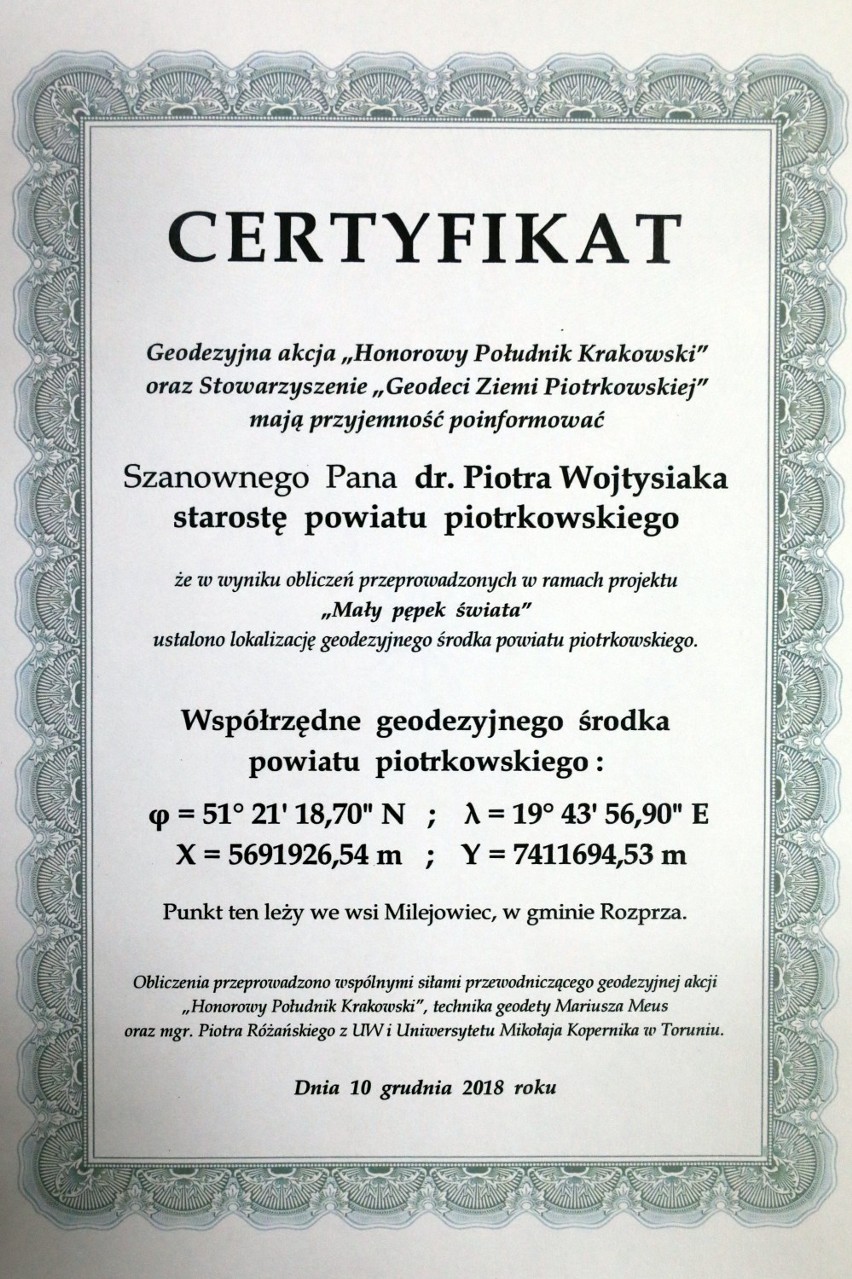 Piotr Wojtysiak, starosta piotrkowski z Certyfikatem...