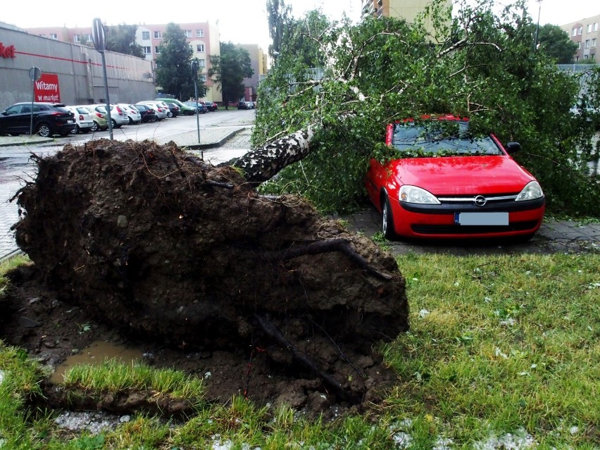 Kwadrans wieczornej grozy w Nowym Sączu. Wichura, ulewa, grad wielkości jaj. Zniszczone auta, połamane drzewa