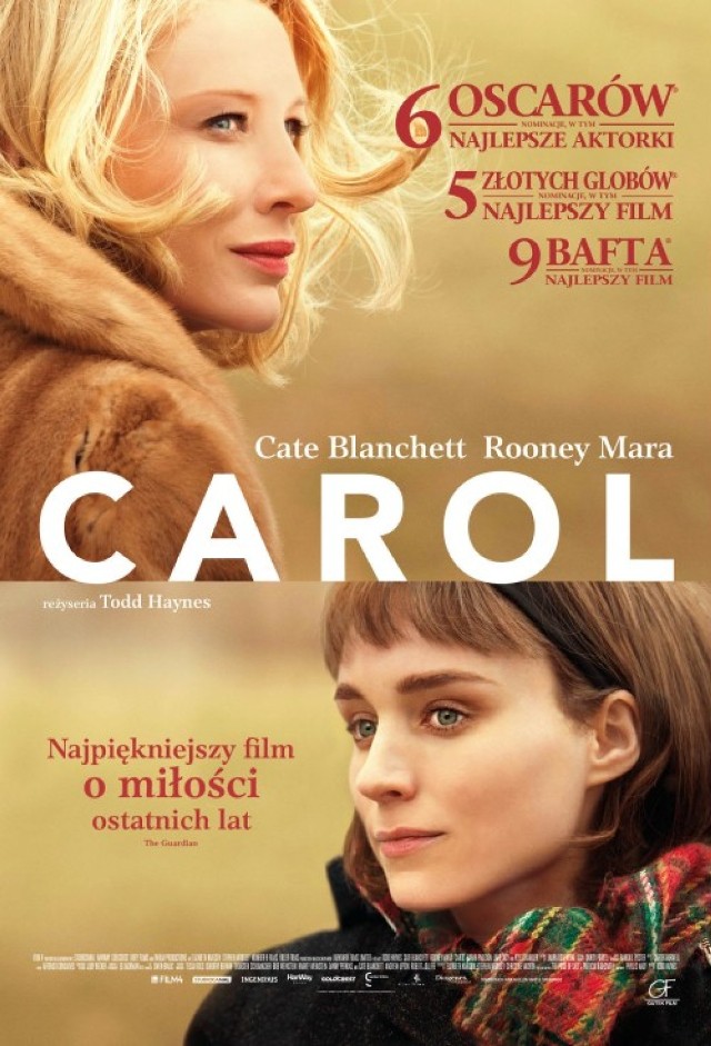 „Carol” jest adaptacją słynnej powieści Patricii Highsmith w reżyserii Todda Haynesa, twórcy „I Am Not There”, „Idola” i „Daleko od nieba”. To pełen emocji i wysmakowanych obrazów melodramat z brawurowymi kobiecymi kreacjami. W rolach głównych występuje wyróżniona Oscarem Cate Blanchett, której partneruje nagrodzona w Cannes za najlepszą rolę żeńską jedna z najciekawszych aktorek młodego pokolenia Rooney Mara. Akcja filmu skupia się na relacji dwóch kobiet: młodej, aspirującej fotografki oraz zamężnej dojrzałej kobiety, w której dorasta decyzja o rozwodzie. Poznają się przypadkowo i od pierwszego spotkania rodzi się między nimi fascynacja, która szybko przeradza się w uczucie silniejsze, niż nakazy obyczajowe epoki, w której żyją.