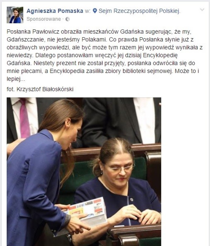 Krystyna Pawłowicz nie przyjęła w Sejmie prezentu od Agnieszki Pomaskiej