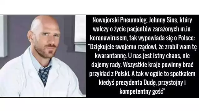 Mema we wtorek wieczorem udostępniła na swoim facebookowym profilu poznańska radna PiS Lidia Dudziak. Szybko zareagował na to radny Koalicji Obywatelskiej Łukasz Mikuła. "Przystojny ten doktor..." - napisał. I zaraz dodał: "I ma bogaty dorobek...". Radna PiS po kilkunastu minutach postanowiła usunąć grafikę.