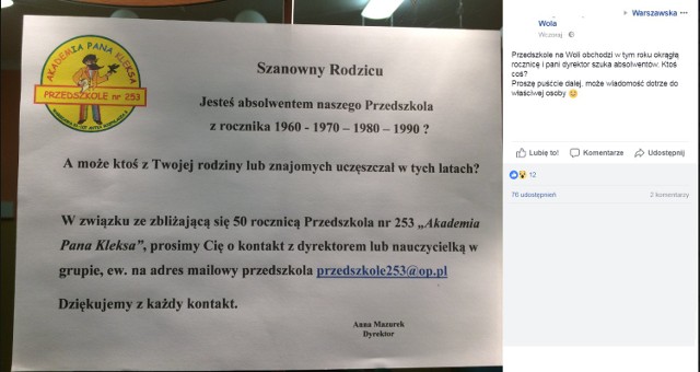 Warszawskie przedszkole szuka swoich absolwentów. Chce zorganizować huczne 50-lecie