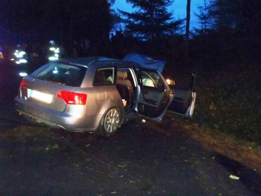 Mokra Wieś. Samochód uderzył w drzewa i wypadł z drogi. Trzy osoby poszkodowane