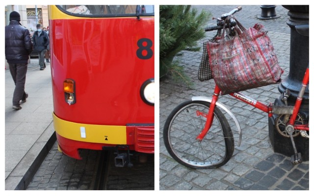 Staruszek na rowerze zderzył się z tramwajem w Grudziądzu. Rower ma "zwichrowane" koło, a tramwaj rozbity kierunkowskaz