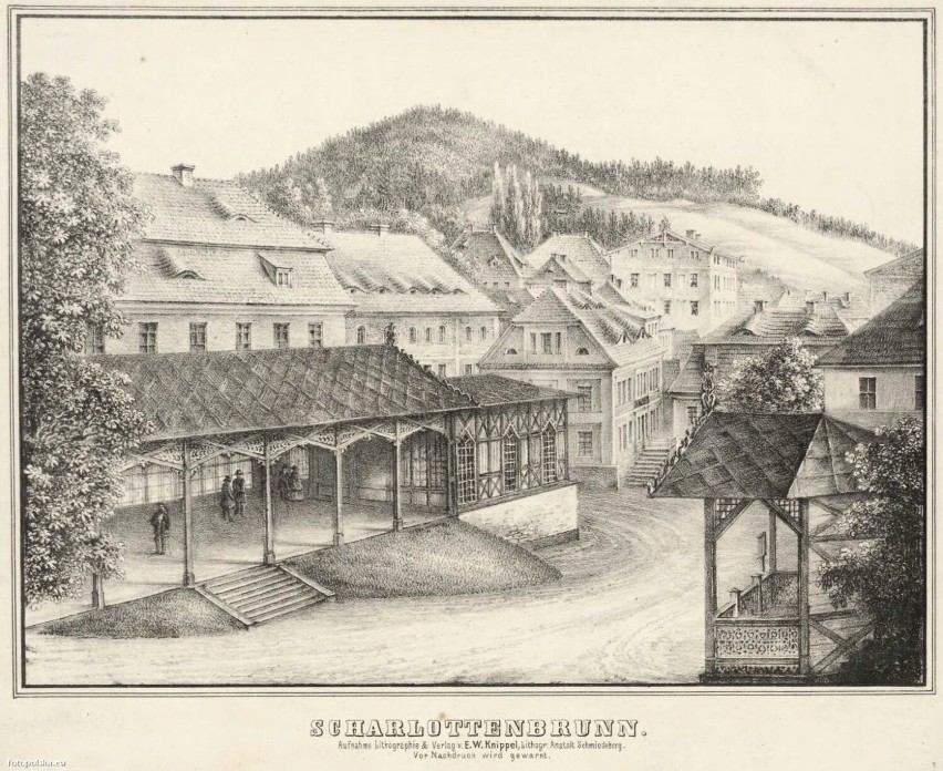 1850, Plac Zdrojowy w Jedlinie Zdroju; litografia z ok. 1850...