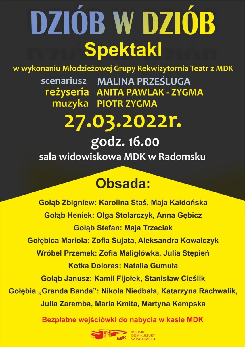 Międzynarodowy Dzień Teatru w MDK w Radomsku. Rekwizytornia Teatr zaprasza na spektakl „Dziób w dziób”