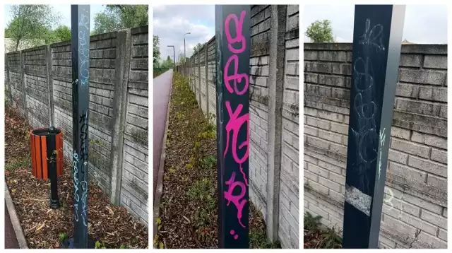 Młodociani wandale niszczą Pleszew. "Wymazali" ławki i lampy na deptaku pomiędzy Targową a Lipową w wątpliwej jakości graffiti